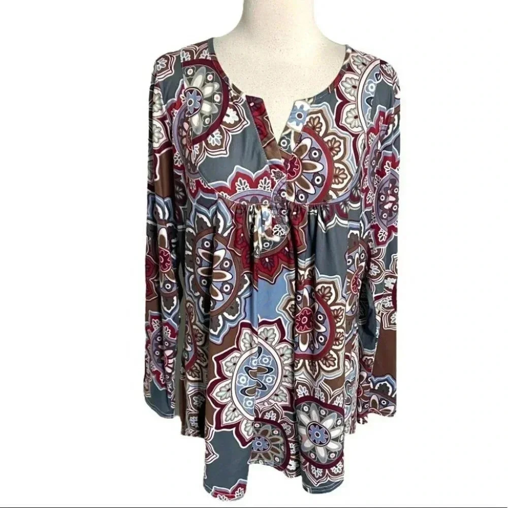 Halife XL multicolor‎ flower print long sleeve peasant style top